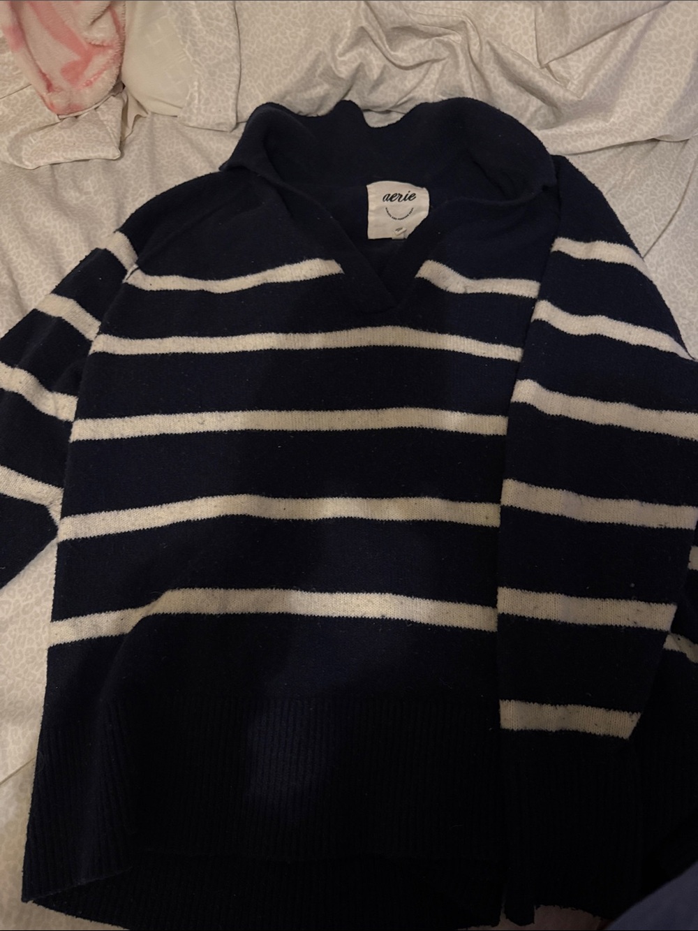 aerie Navy and White Striped V-Neck Sweater